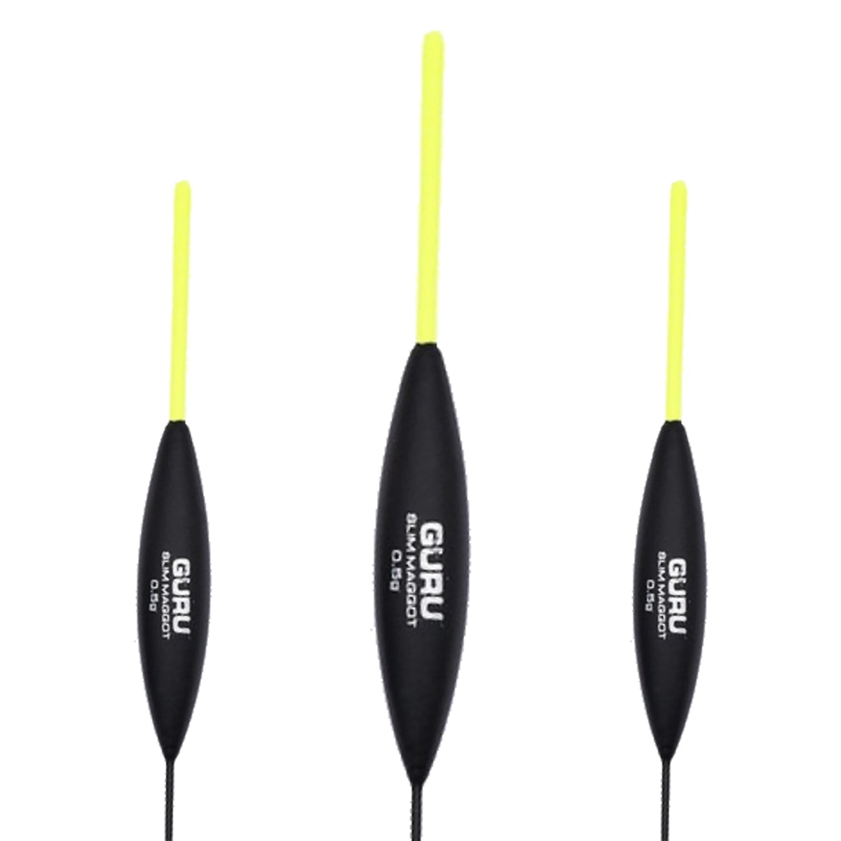 Guru Slim Maggot dobber 0.5g, compositie met drie dobbers en de middelste op de voorgrond