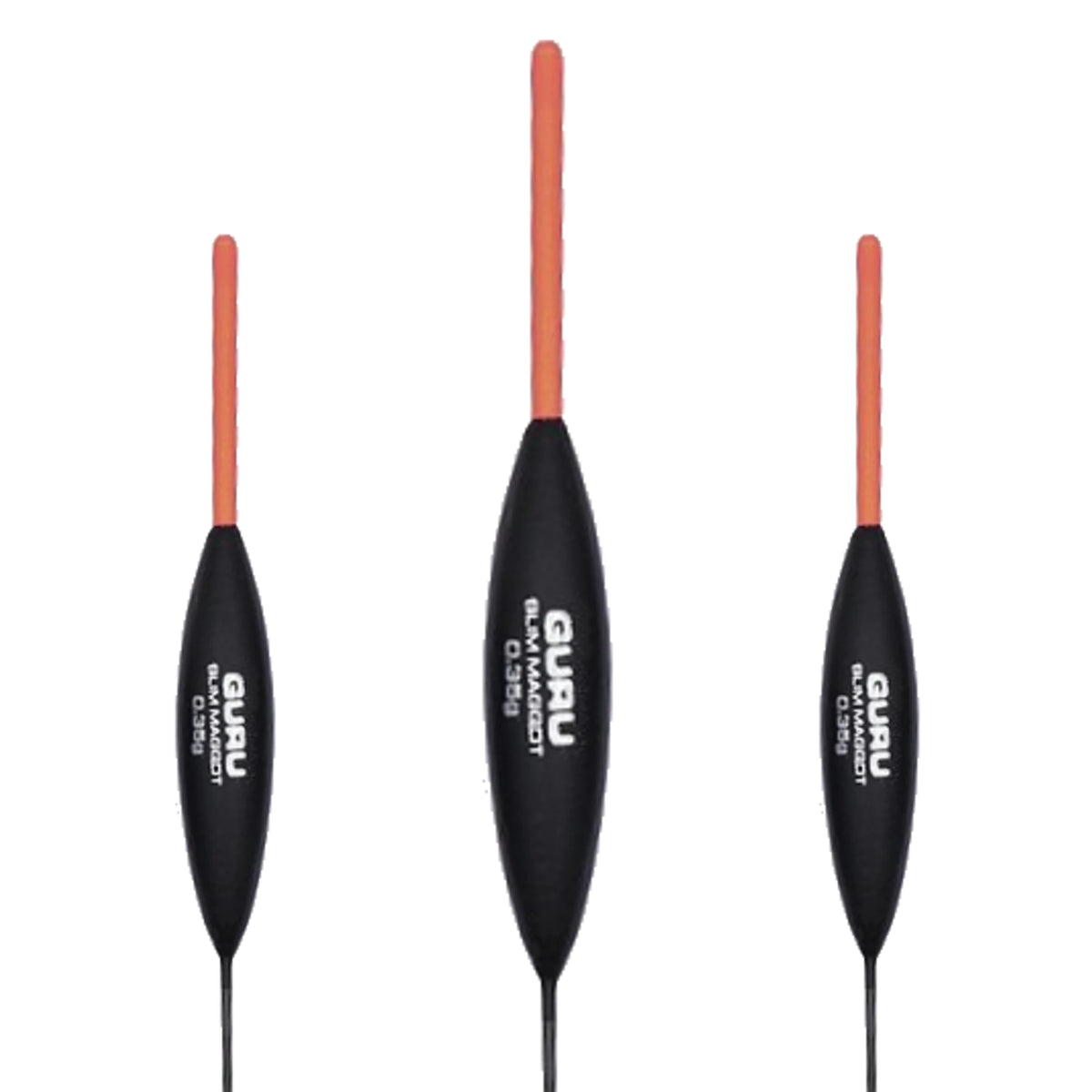 Guru Slim Maggot dobber 0.35g, compositie met drie dobbers en de middelste op de voorgrond