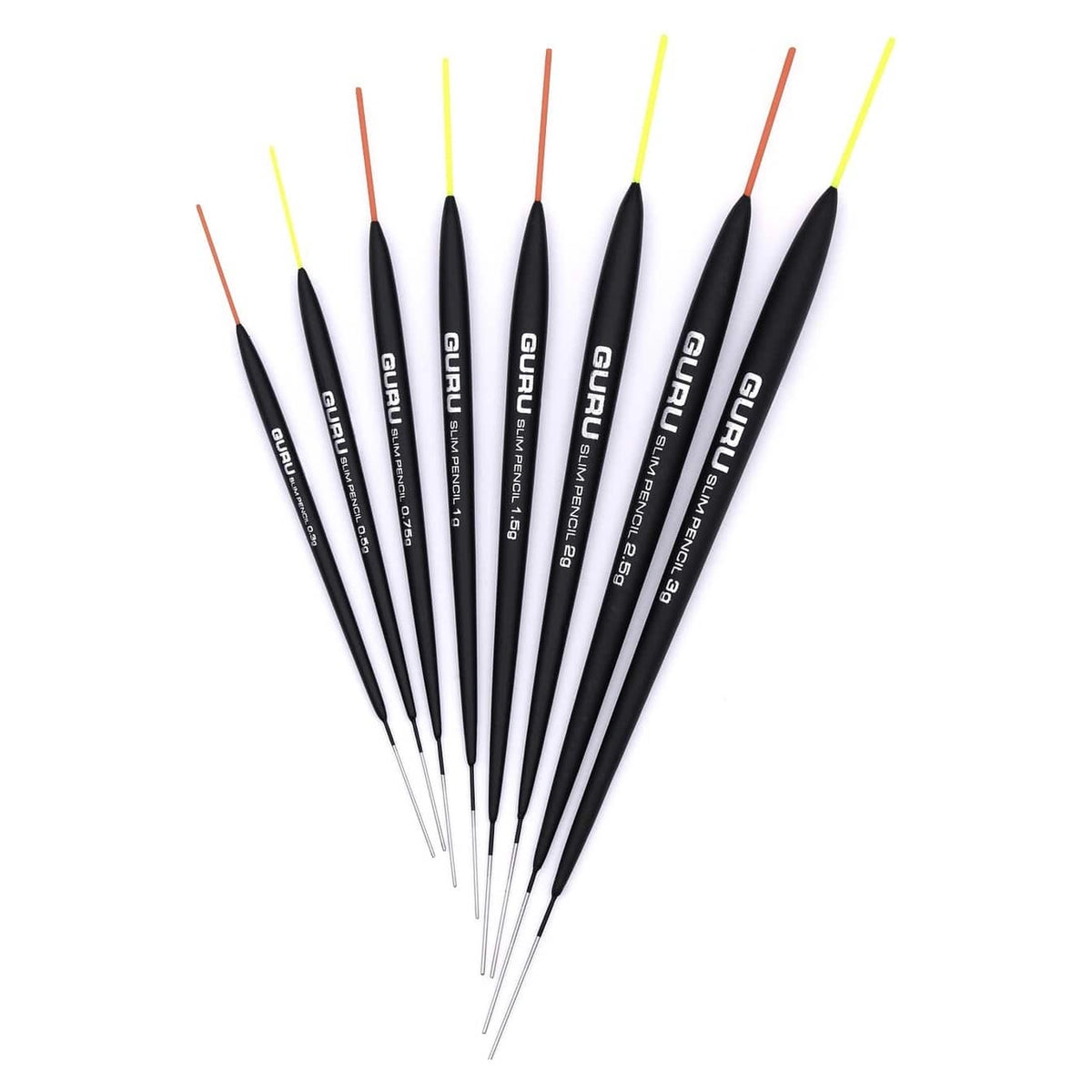 Guru Slim Pencil dobbers met rode en gele glasvezeltoppen in studioweergave