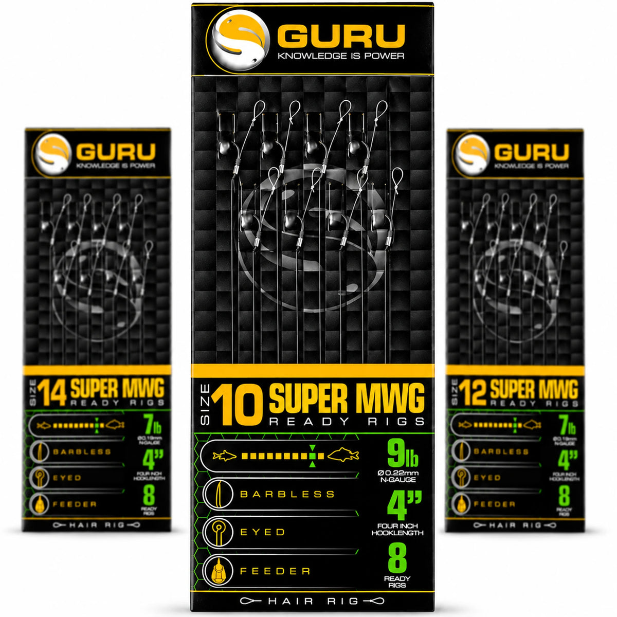 Guru Super MWG Standard Barbless Hair Rigs 4 inch – 10 cm onderlijnen zonder weerhaak, overzicht van haakmaten 10, 12 en 14