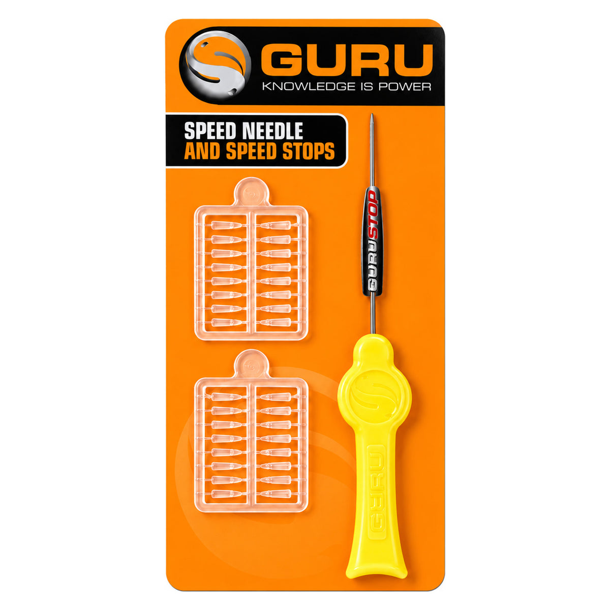 Guru Speed Needle and Speed Stops: oranje verpakking met aasnaald en transparante stopperrekjes