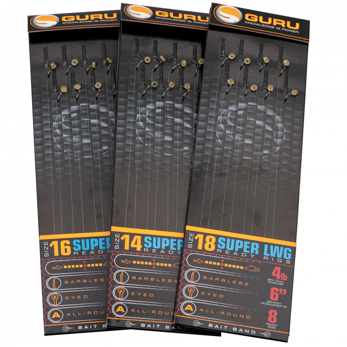 Guru Super LWG Bait Band Ready Rigs 6 inch – originele assortimentfoto met blauwe verpakking