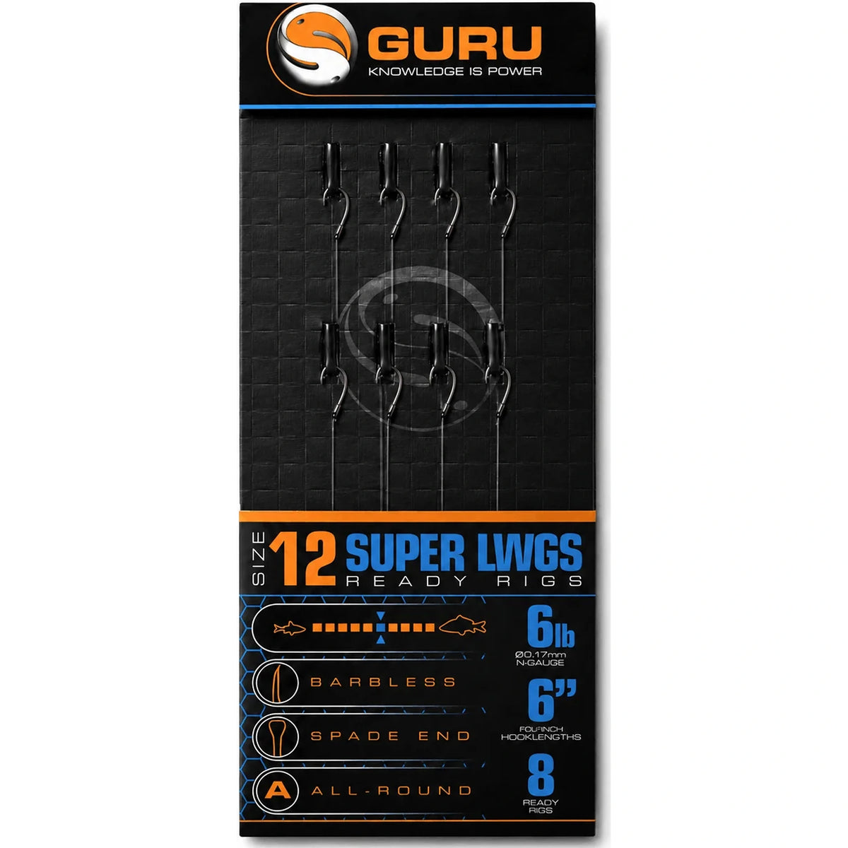 Guru Super LWGS Ready Rigs maat 12 – acht onderlijnen, 6lb, 0.17mm, barbless en spade end