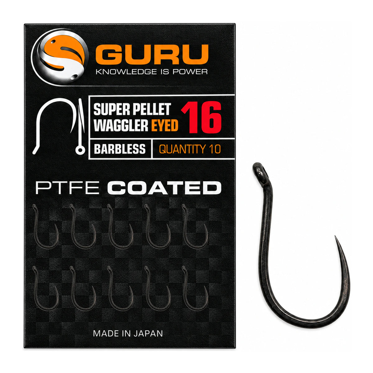 Guru Super Pellet Waggler Eyed Barbless maat 16 met verpakking, tien haken en losse haak