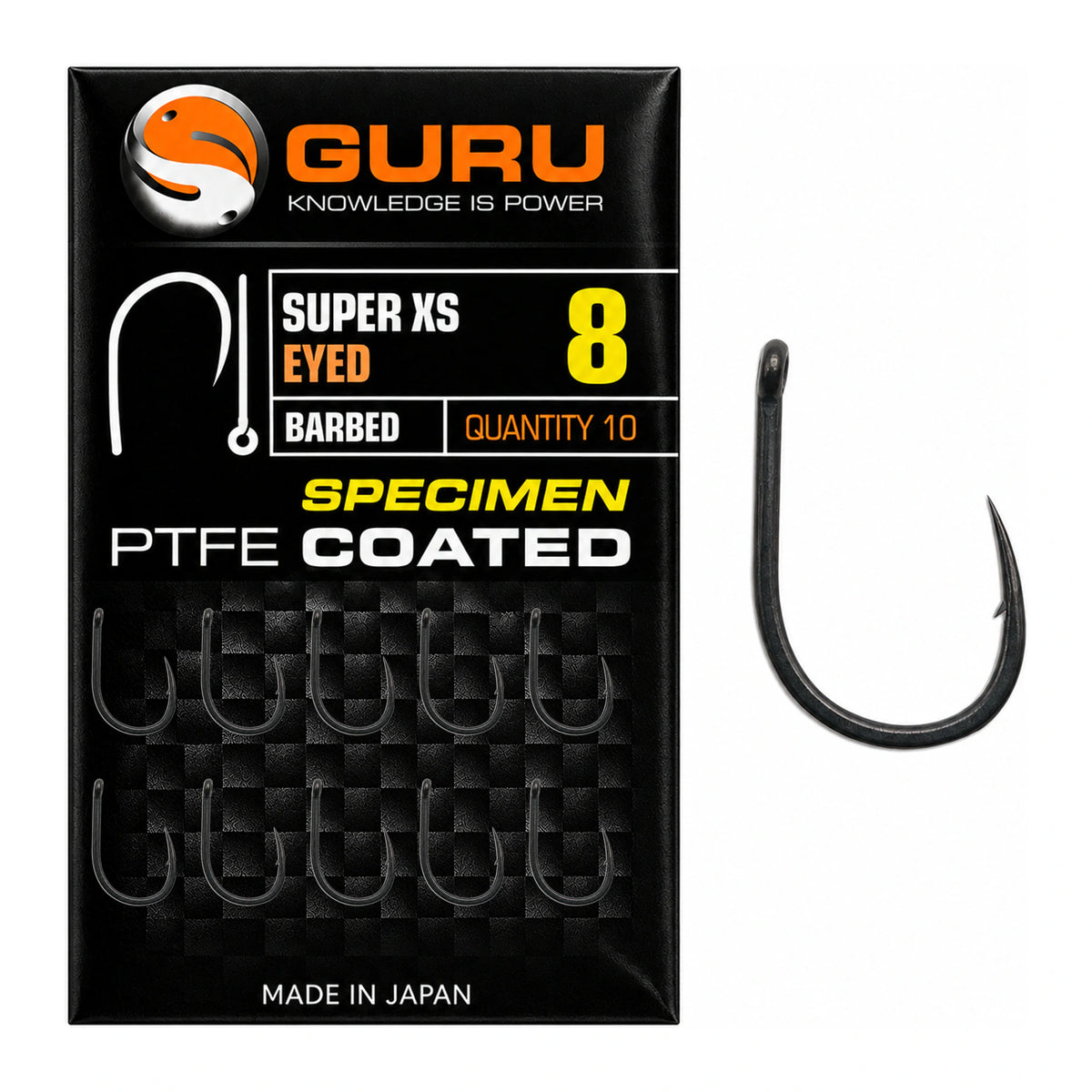 Guru Super XS Eyed Barbed maat 8 met verpakking, tien haken en losse haak