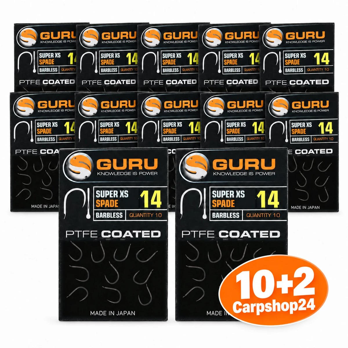 Guru Super XS Spade Barbless 10+2 pakketdeal – twaalf verpakkingen met badge binnen de beeldrand