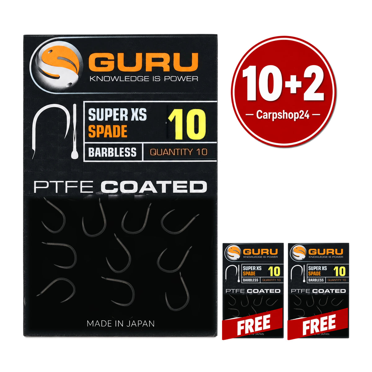 Guru Super XS Spade Barbless maat 10: één groot pakje links, twee gratis pakjes rechts en rode 10+2 Carpshop24-badge