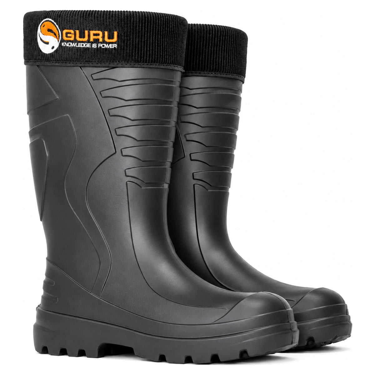 Guru Wellies regenlaarzen, twee donkere EVA-laarzen met zwarte voering en Guru-logo