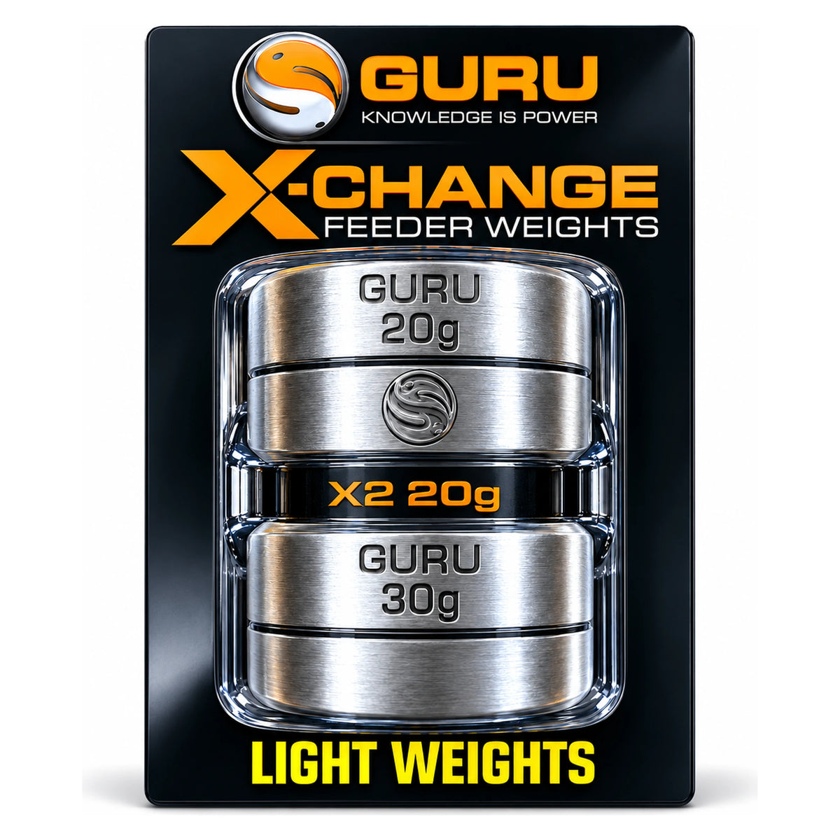 Guru X-Change Feeder Light Weights – zwarte blisterverpakking met vier zilveren feedergewichten van 20 en 30 g