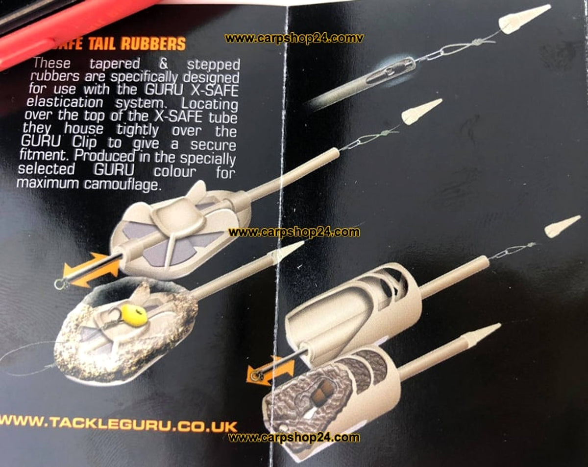 Guru X-Safe Tail Rubbers, uitlegbeeld met X-Safe montages voor methodfeeders en voerkorven