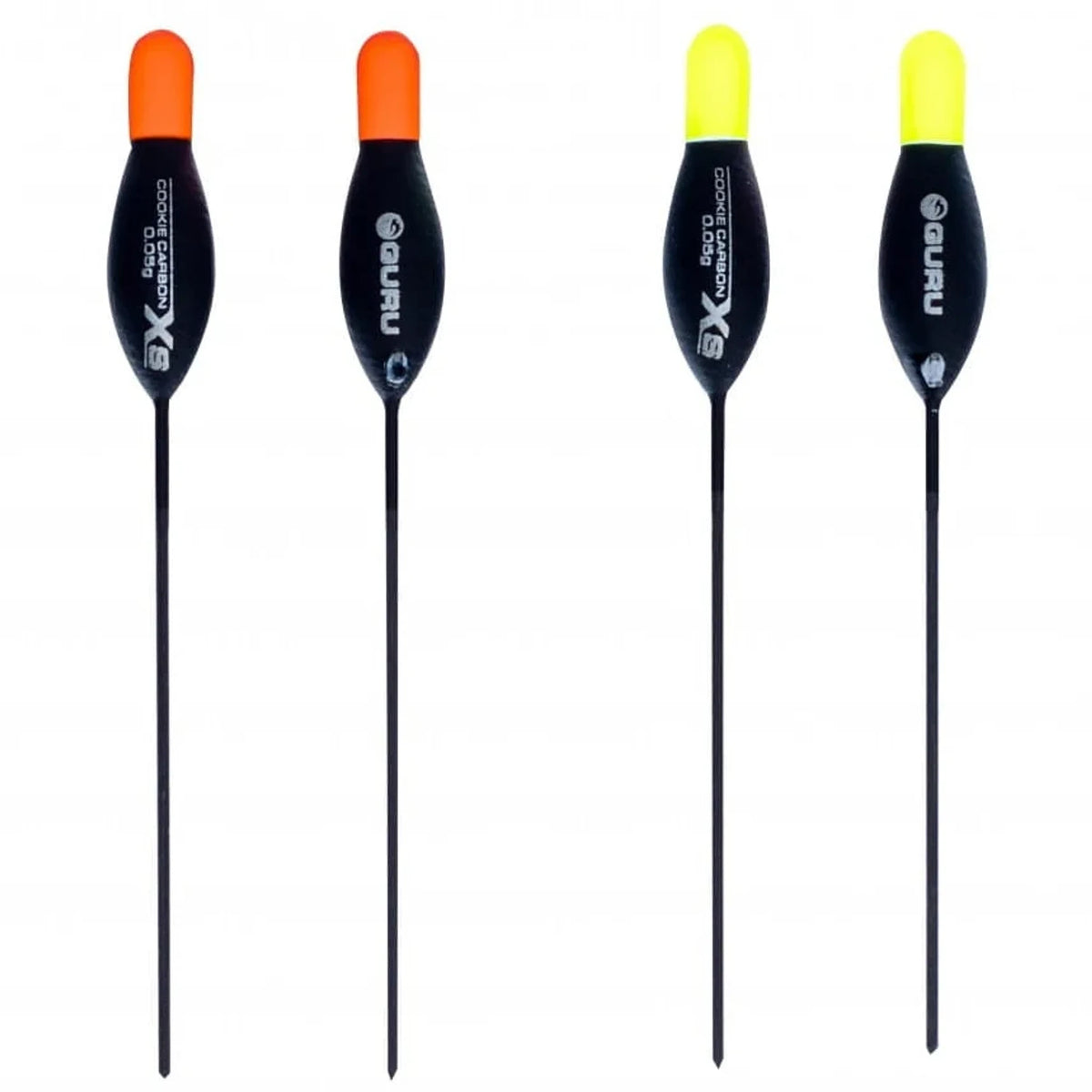 Vier Guru XS Carbon Cookie dobbers van 0,05 g met rode en gele antenne