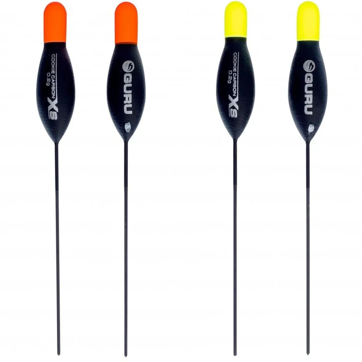 Vier Guru XS Carbon Cookie dobbers van 0,20 g met rode en gele antenne