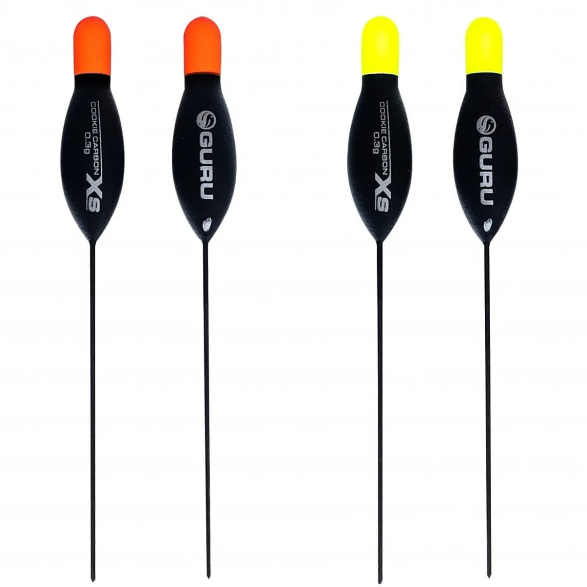 Vier Guru XS Carbon Cookie dobbers van 0,30 g met rode en gele antenne