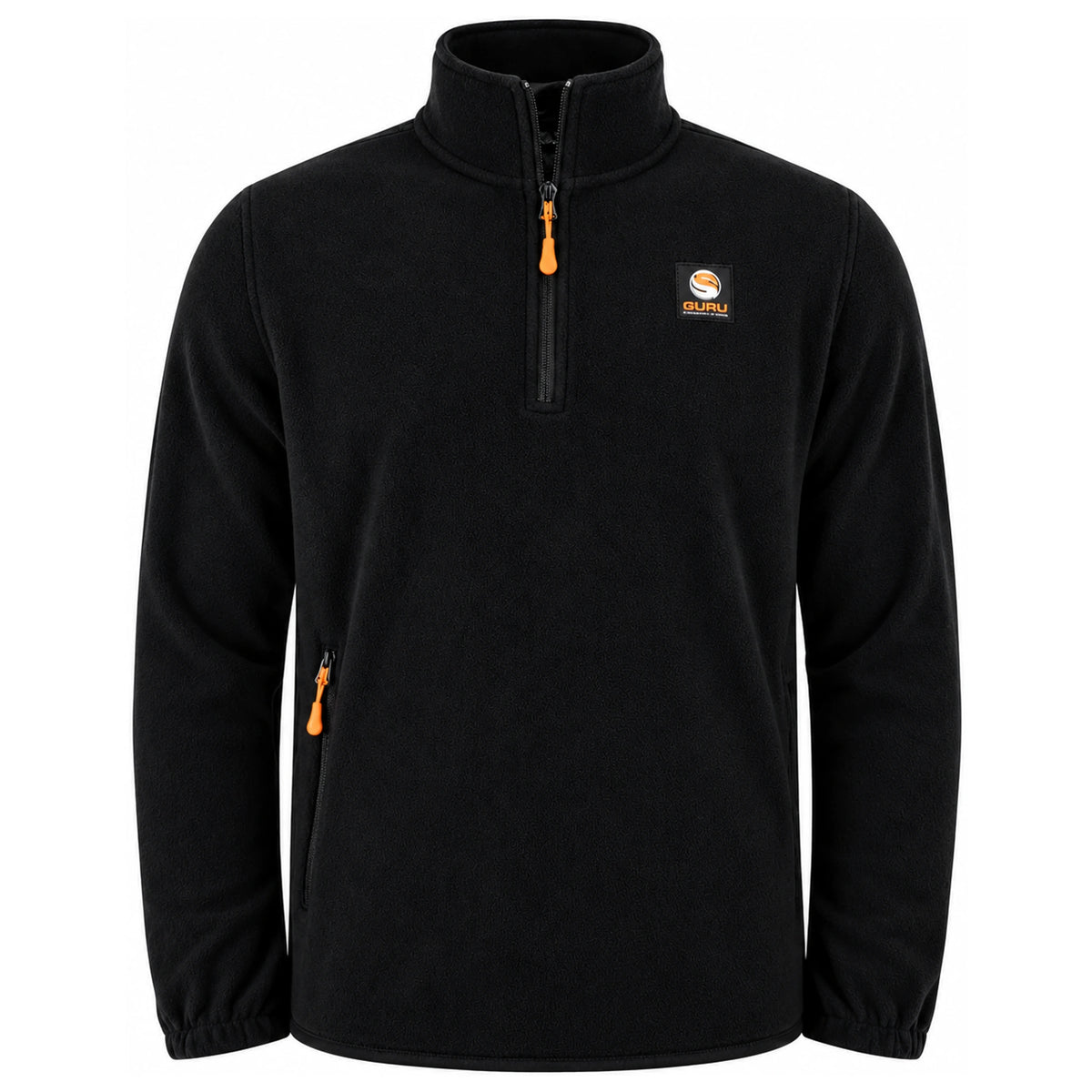 Zwarte Guru fleece met korte halsrits en oranje rits op de zijzak
