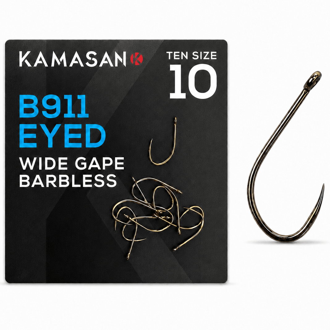 kamasan-B911-eyed-wide-gape-barbless-haak-size-10