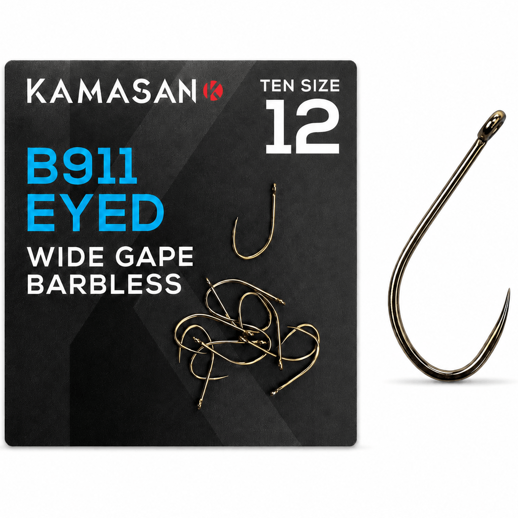 kamasan-B911-eyed-wide-gape-barbless-haak-size-12