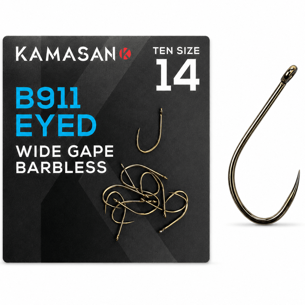 kamasan-B911-eyed-wide-gape-barbless-haak-size-14