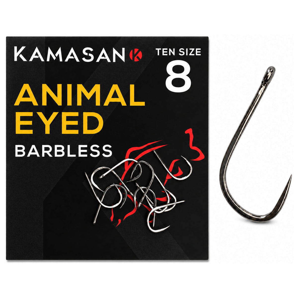 Kamasan Animal Eyed Barbless maat 8: zwarte verpakking met losse haken en een vergrote haak