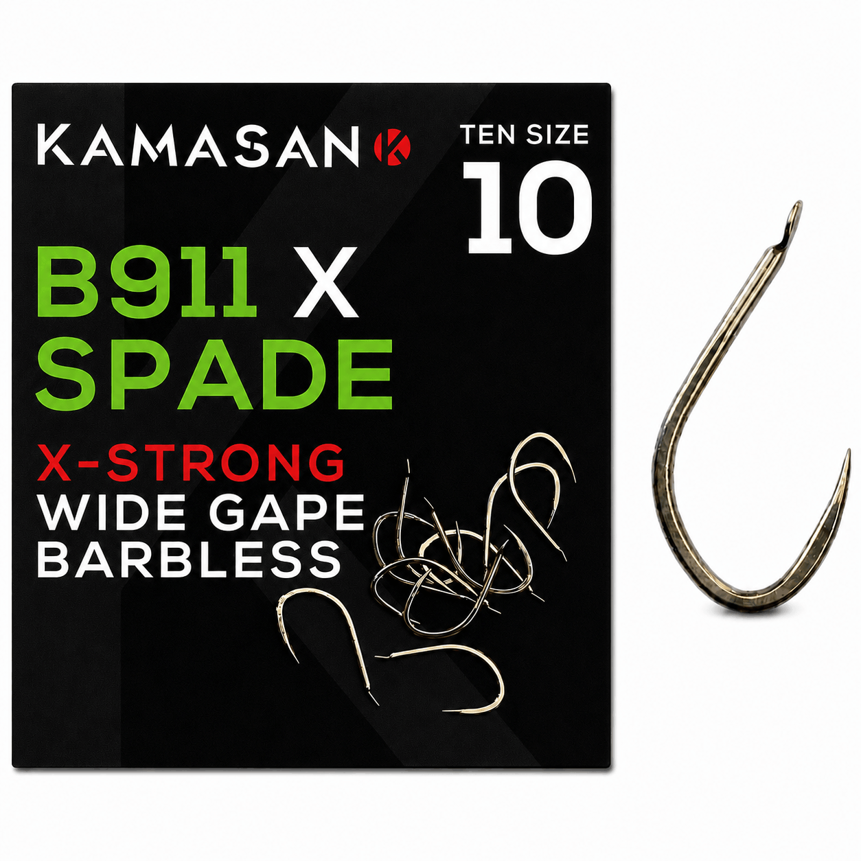 kamasan-b911-X-spade-x-strong-wide-gape-barbless-haak-size-10