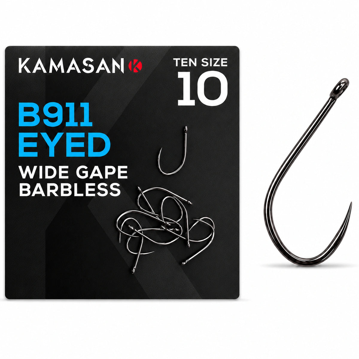 Kamasan B911 Eyed Wide Gape Barbless haak maat 10