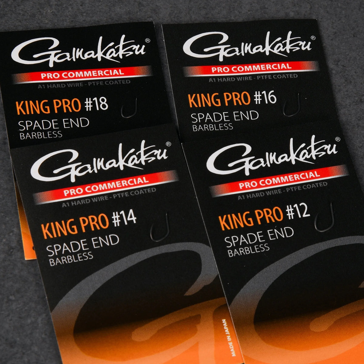 Gamakatsu Pro Commercial King Pro Spade End Barbless – verpakking met weerhaakloze bledhaken en beschikbare maten