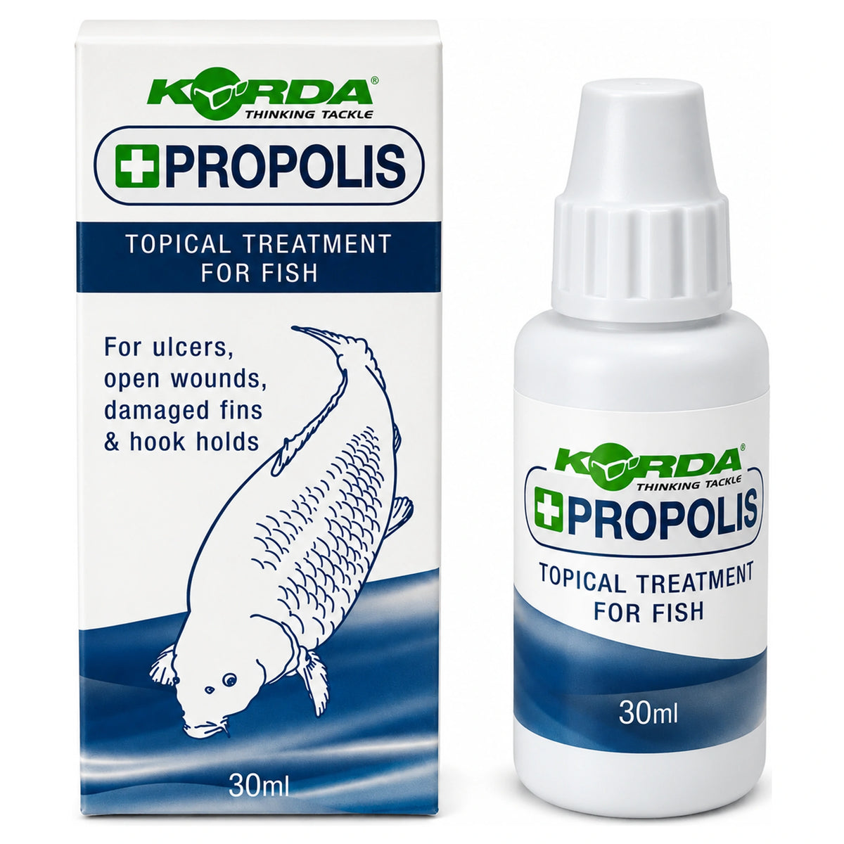 Korda Propolis - witte verpakking met karperillustratie naast wit flesje met dop