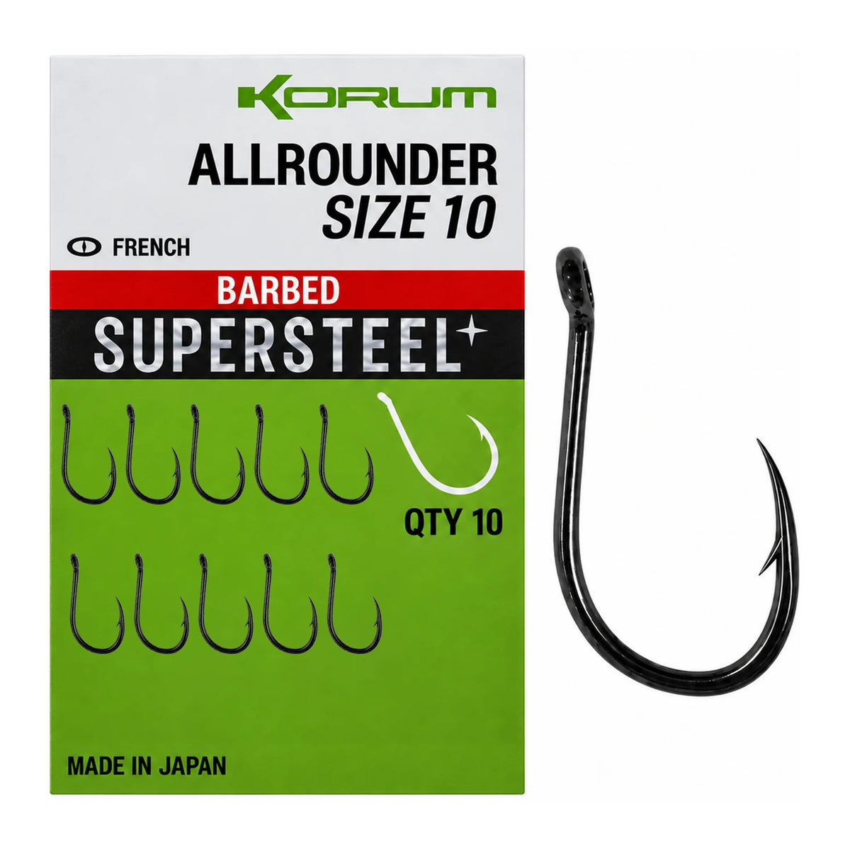 Korum Allrounder Barbed Supersteel haak maat 10 met verpakking, 10 haken en losse haak