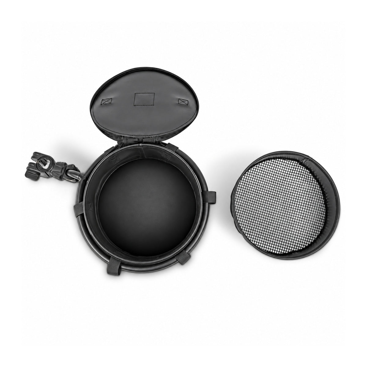 Korum Any Chair EVA Bowl & Riddle – open zwarte voerbak met deksel, stoelklem en losse ronde zeef op wit