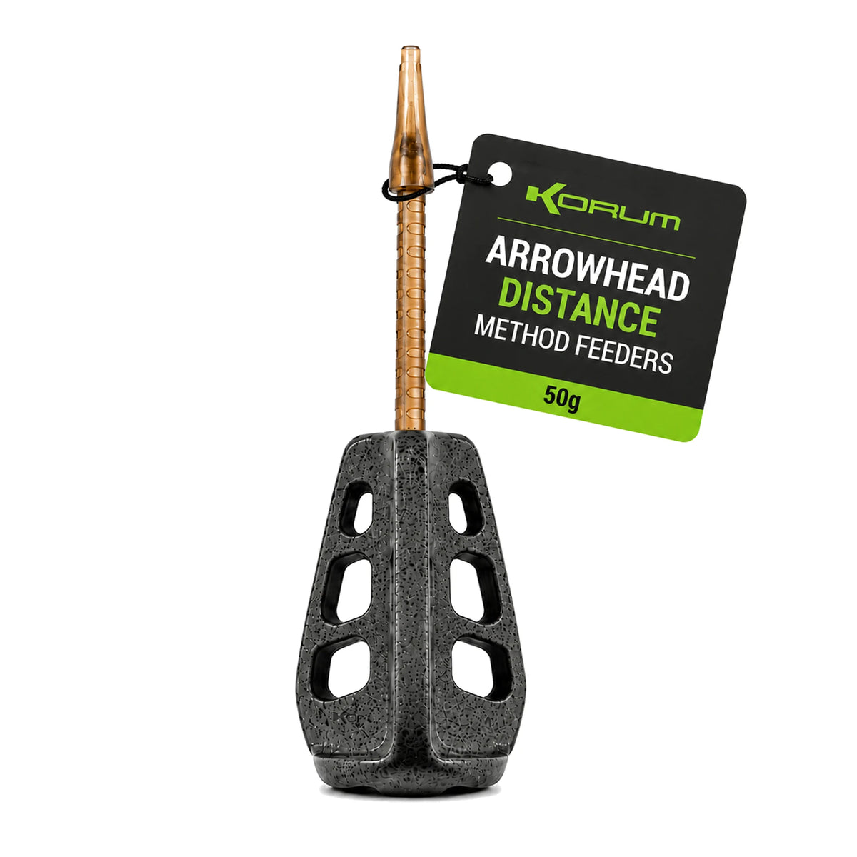 Korum Arrowhead Distance Method Feeder 50 g met lange steel en productkaartje aan zwart koord