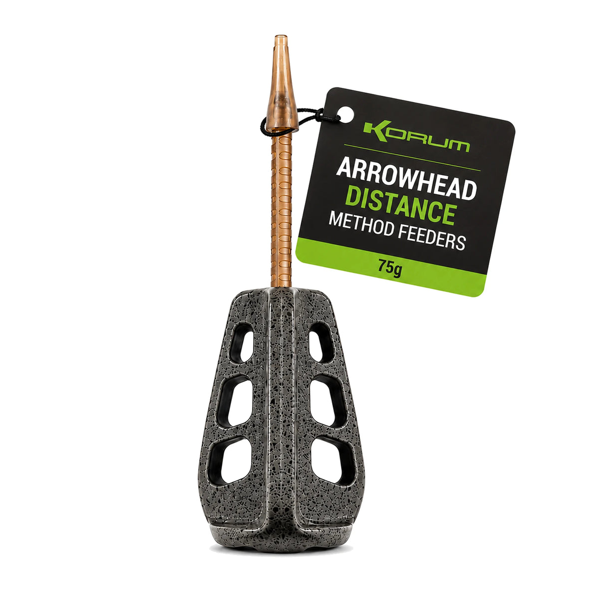 Korum Arrowhead Distance Method Feeder 75 g met lange steel en zwart-groen productkaartje