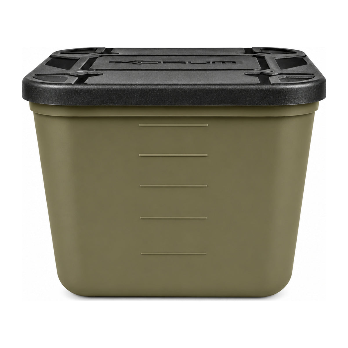 Hoge Korum Bait Tub met horizontale maatstrepen op de voorzijde en zwart deksel