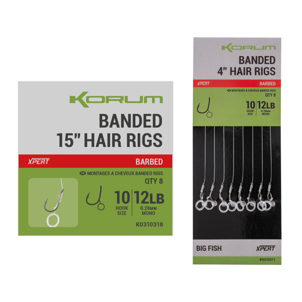 Korum Banded Hair Rigs Barbed – 15 inch verpakking en 4 inch onderlijnen met bait band