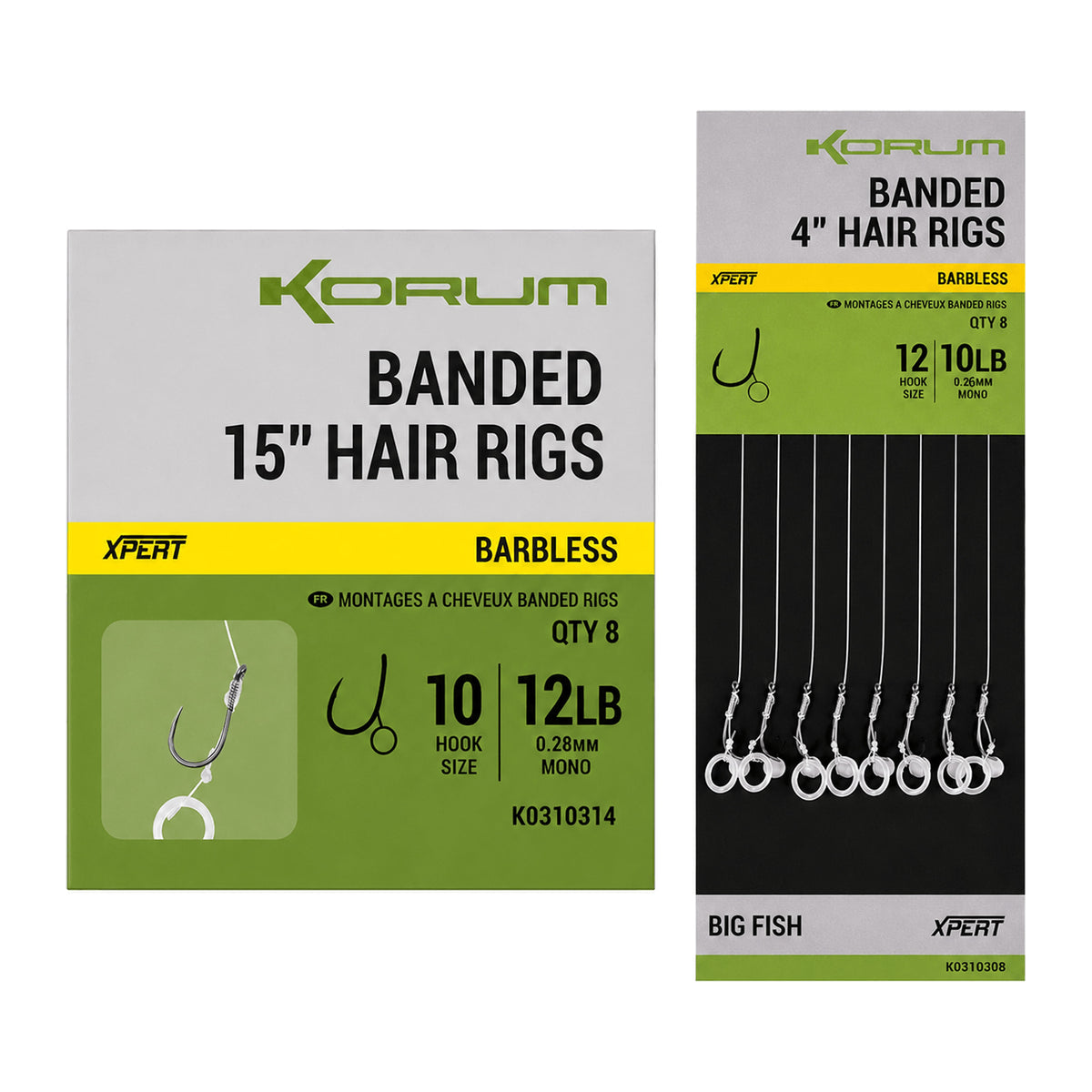 Korum Banded Hair Rigs Barbless met 38 cm verpakking en volledige 10 cm onderlijnen met bait bands