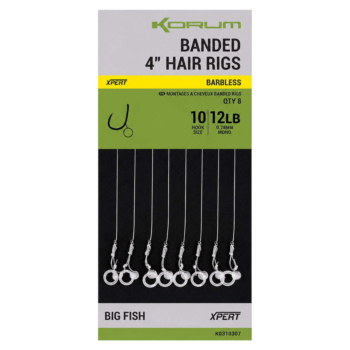 Korum K0310307 Banded Hair Rigs Barbless, 10 cm, haakmaat 10, 0.28 mm en acht onderlijnen met bait band