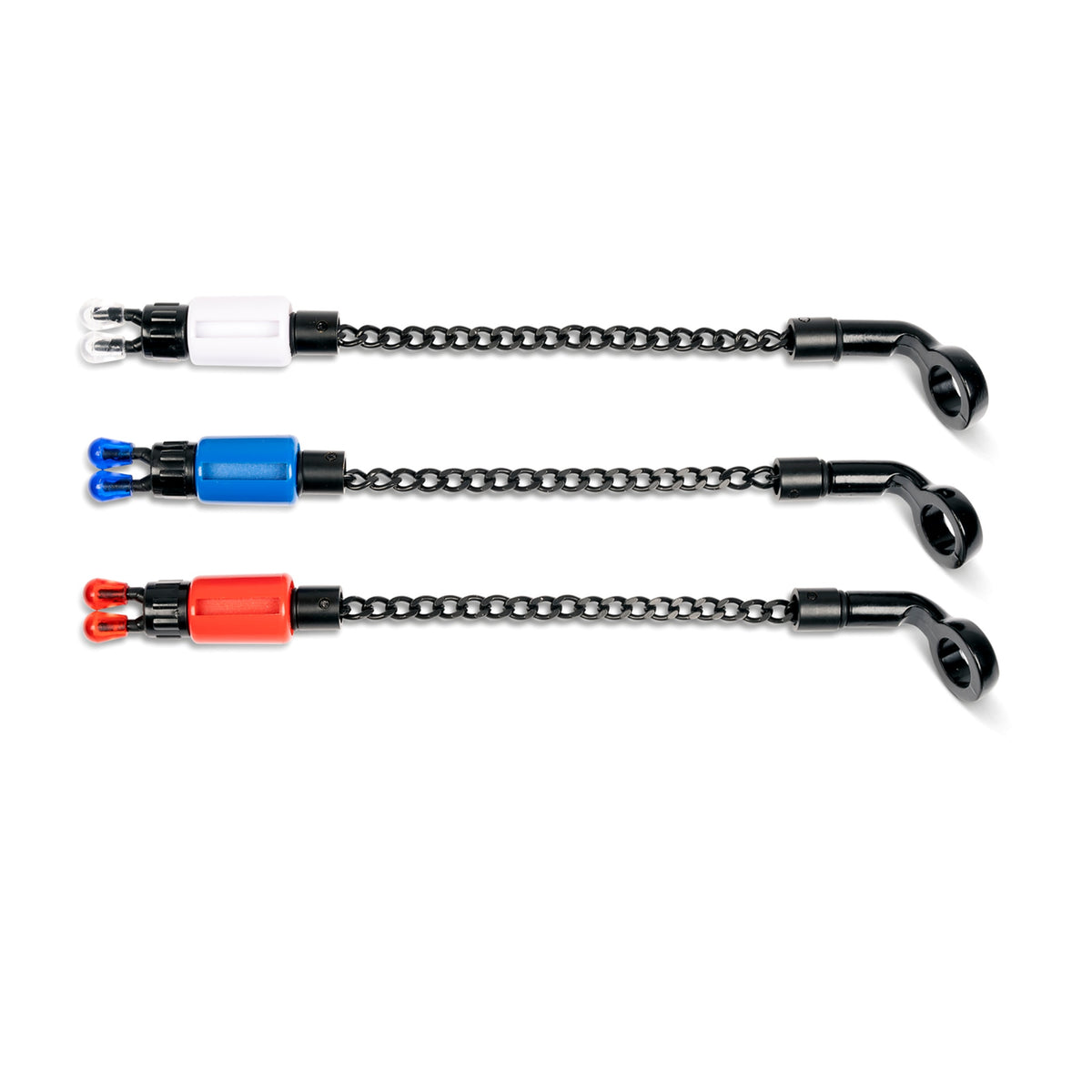 Korum Bite Indicator Bobbin Set met drie complete hangers in wit, blauw en rood, zwarte kettingen en montageogen