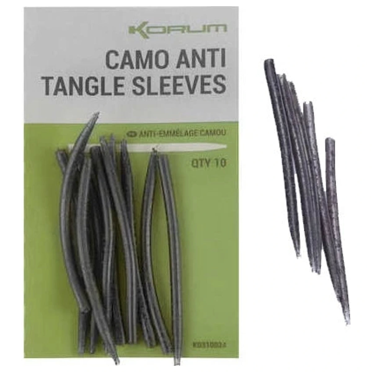 Korum Camo Anti Tangle Sleeves met gebogen hulzen op verpakking en losse hulzen rechts