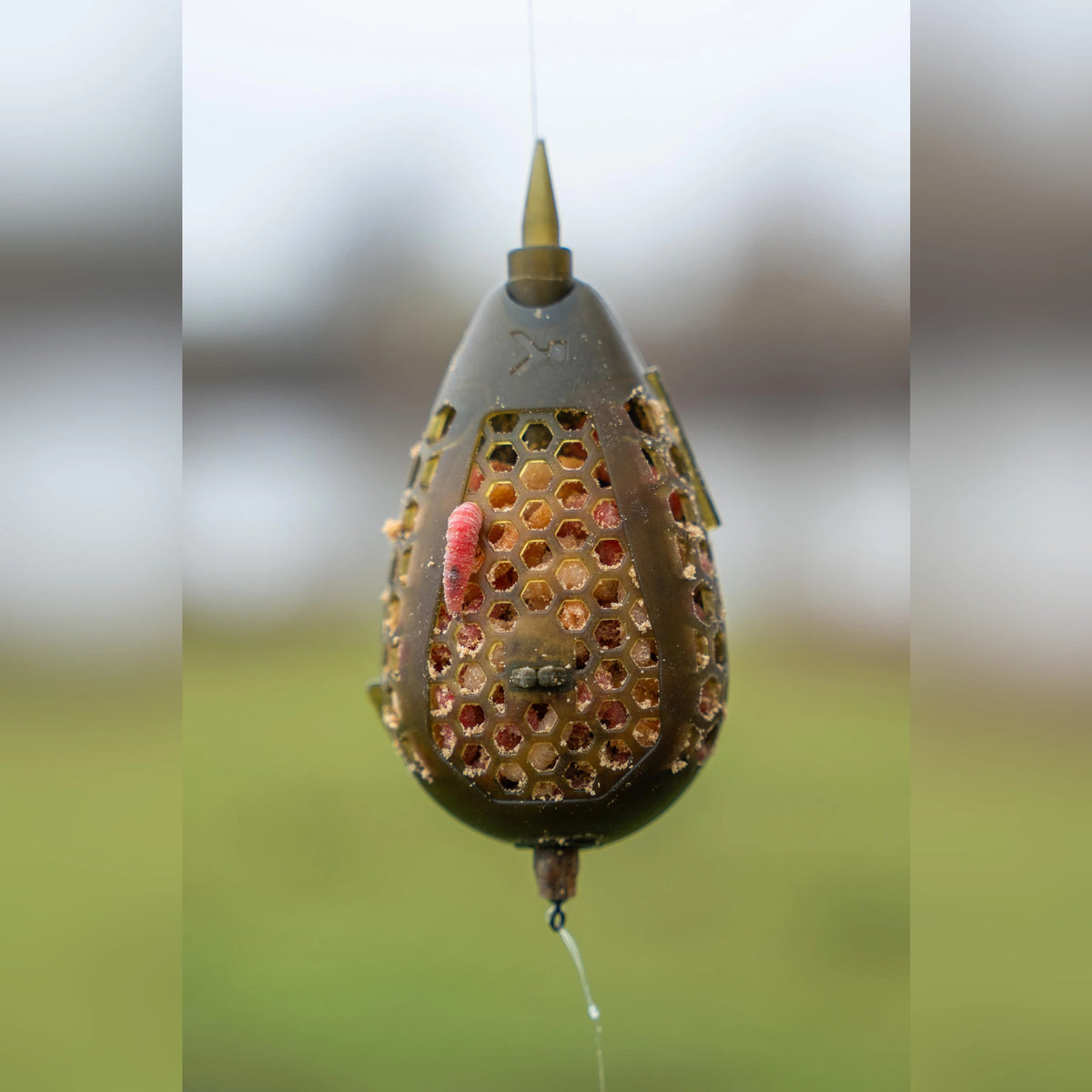 Korum Camo Grub Feeder – met maden gevulde Large-korf hangend aan de lijn