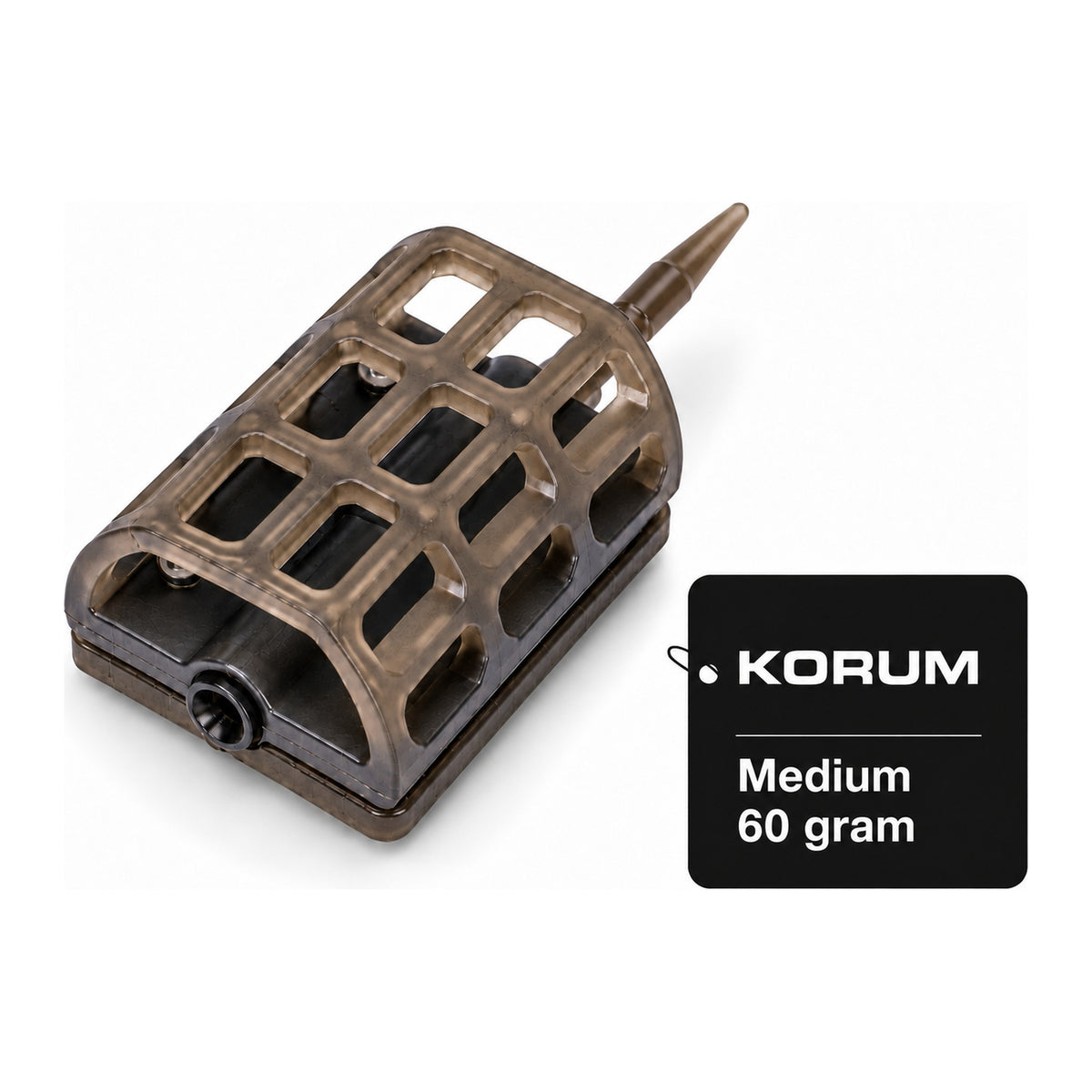 Korum Camo Inline Cage Medium 60 gram – camouflagebruine inline voerkorf met zwart Korum-gewichtslabel