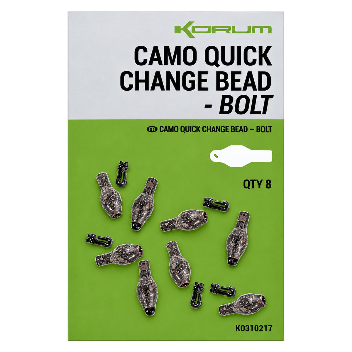 Korum Camo Quick Change Bead Bolt – verpakking met acht camouflage-snelwisselkralen, zwarte clips en productcode K0310217