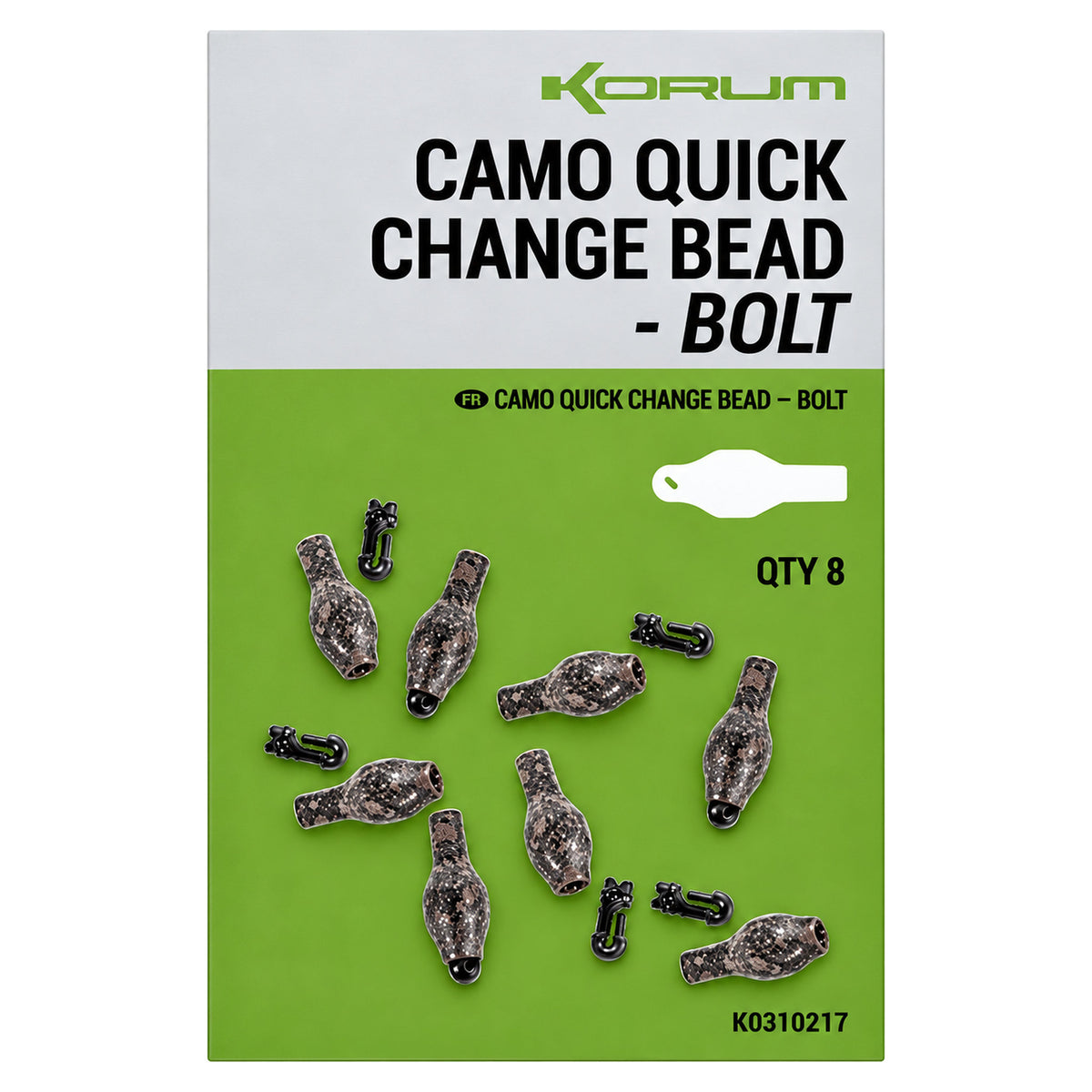 Korum Camo Quick Change Bead Bolt – verpakking met acht camouflage-snelwisselkralen, zwarte clips en productcode K0310217
