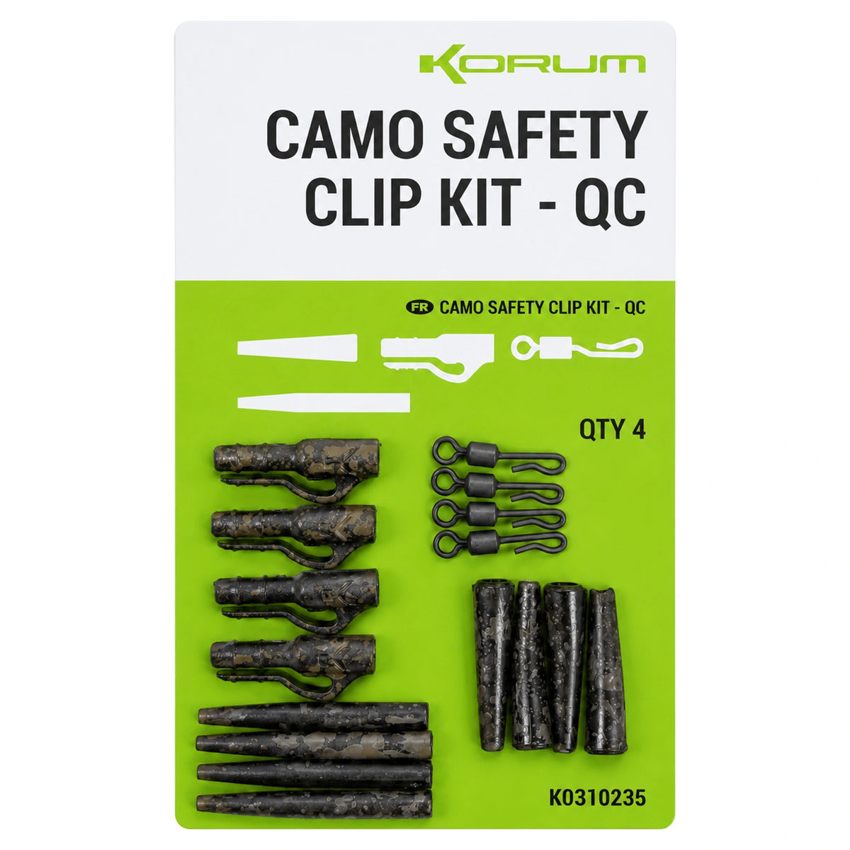 Korum Camo Safety Clip Kit QC verpakking met vier clips, wartels en camouflagehulzen