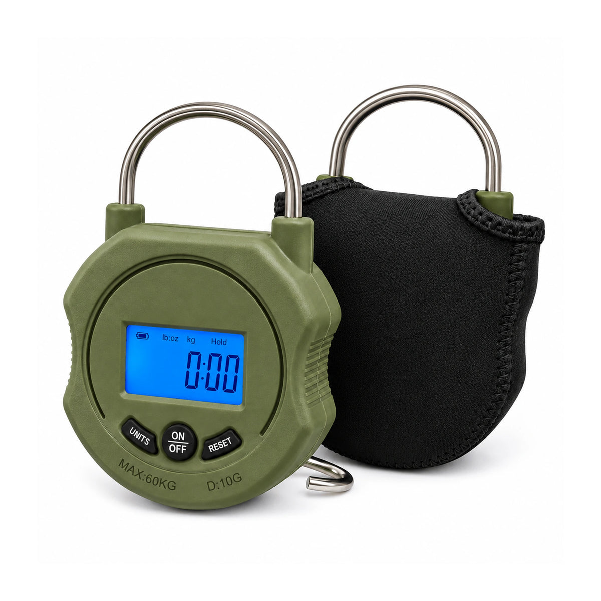 Korum Digital Scales K0310124 met blauw verlicht display, metalen beugel en zwarte beschermhoes