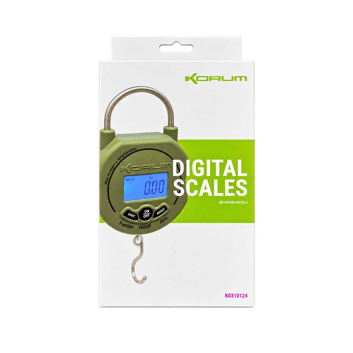 Korum Digital Scales K0310124 originele verpakking vrijstaand op witte achtergrond