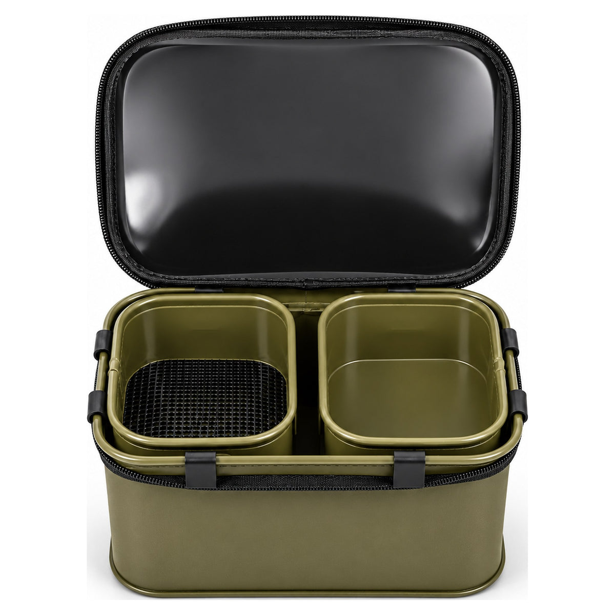 Korum EVA Solid Bait Station 8 liter geopend met zeefbak links en vaste aasbak rechts