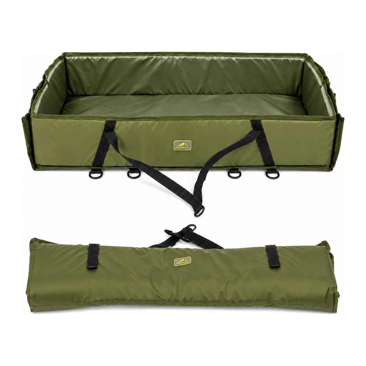 Korum Expedition Folda-Weigh Mat – olijfgroene onthaak- en weegmat open bovenaan en opgevouwen onderaan