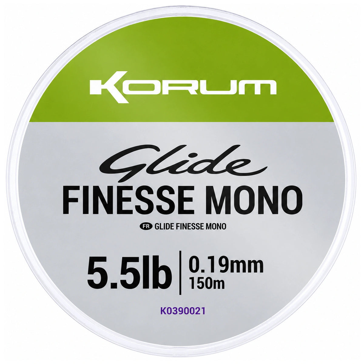 Korum Glide Finesse Mono lijnspoel, vooraanzicht met opdruk 5.5lb, 0.19mm en 150m