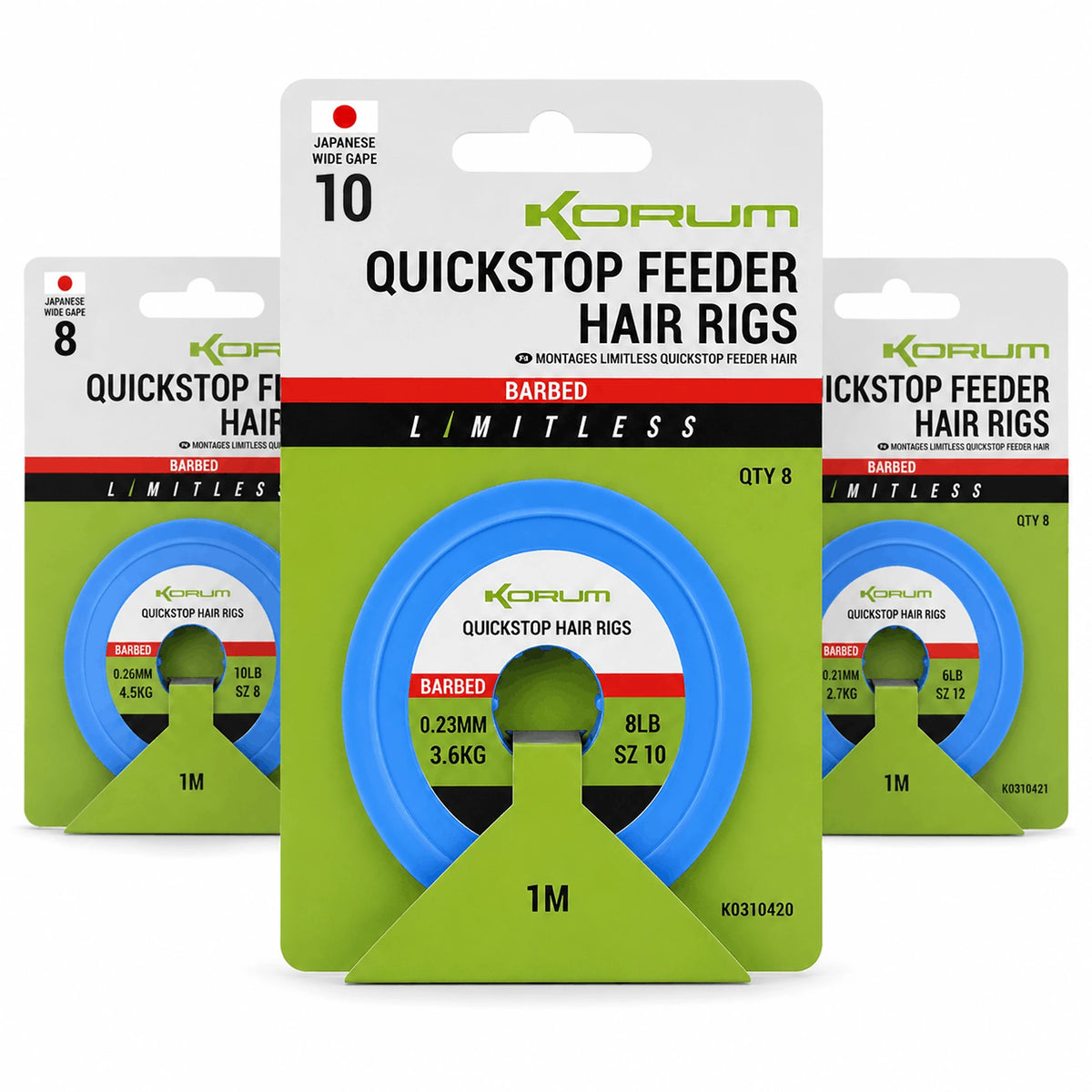 Korum Limitless Quickstop Feeder Hair Rigs in verpakkingen maat 8, 10 en 12 met blauwe onderlijnspoelen