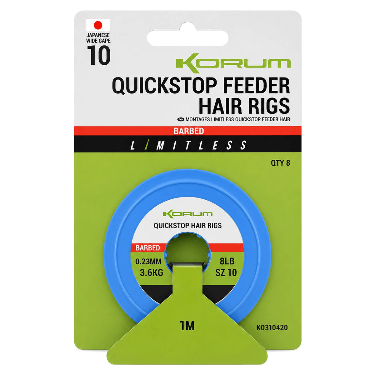 Korum Limitless Quickstop Feeder Hair Rigs met weerhaak, maat 10 en 0,23 mm, in verpakking