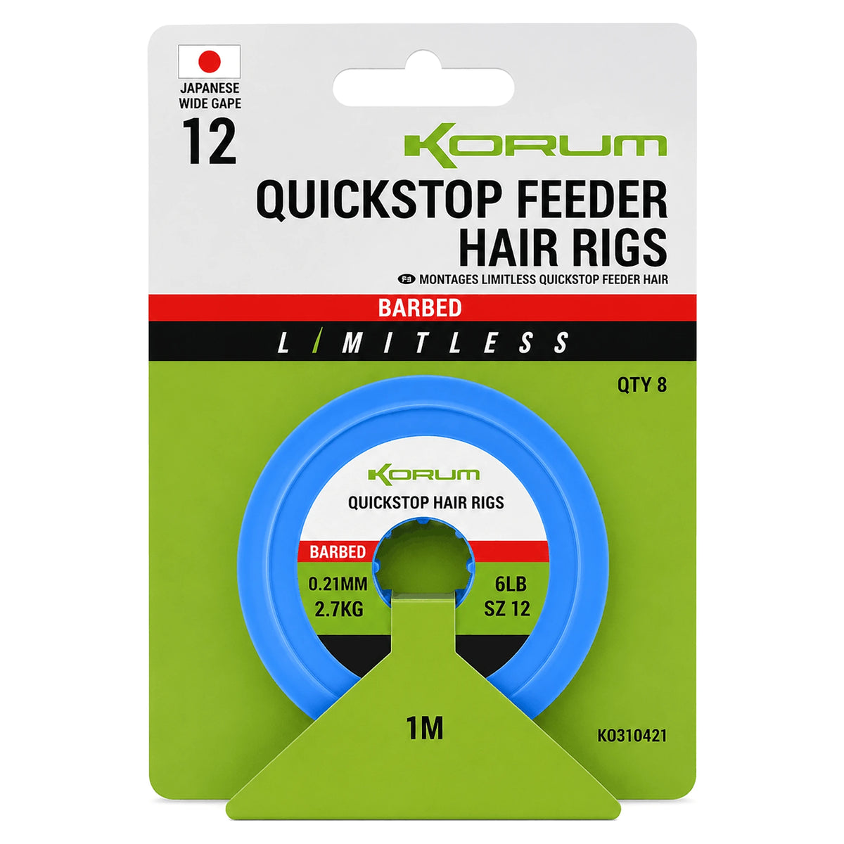 Korum Limitless Quickstop Feeder Hair Rigs met weerhaak, maat 12 en 0,21 mm, in verpakking
