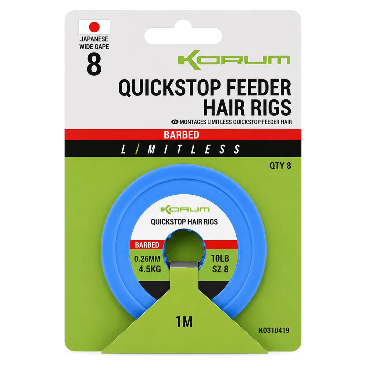 Korum Limitless Quickstop Feeder Hair Rigs met weerhaak, maat 8 en 0,26 mm, in verpakking